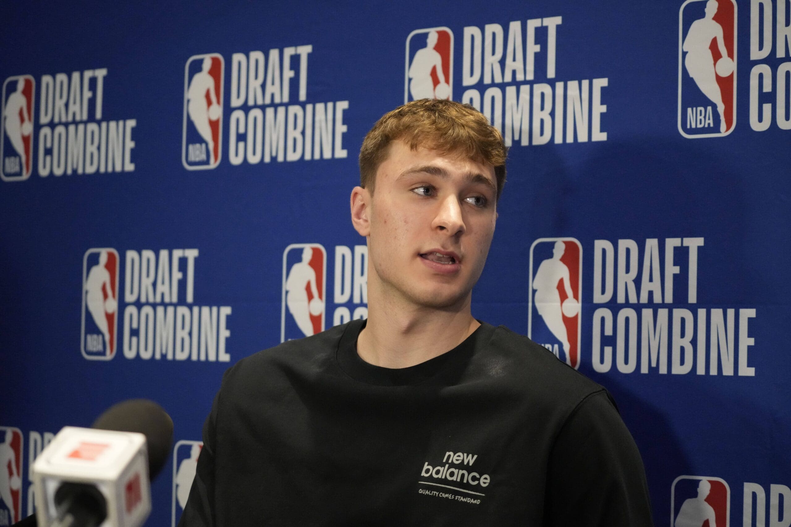 May 14, 2025; Chicago, Il, USA; Cooper Flagg talks to the media during the 2025 NBA Draft Combine at Marriott Marquis Chicago. Mandatory Credit: David Banks-Imagn Images