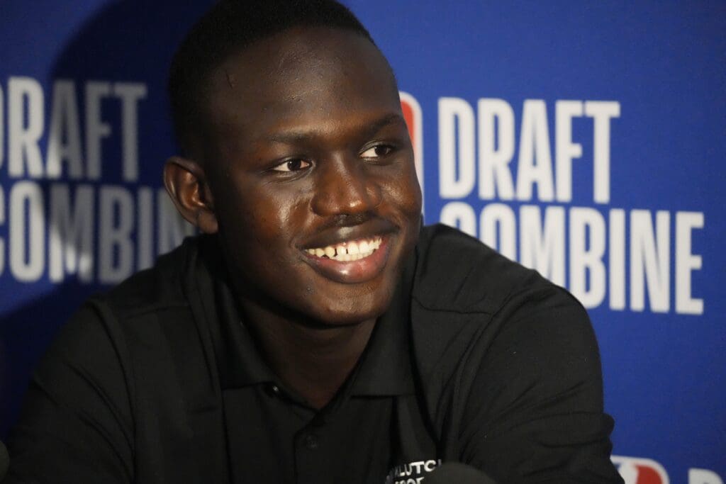 May 14, 2025; Chicago, Il, USA; Khaman Maluach talks to the media during the 2025 NBA Draft Combine at Marriott Marquis Chicago. Mandatory Credit: David Banks-Imagn Images