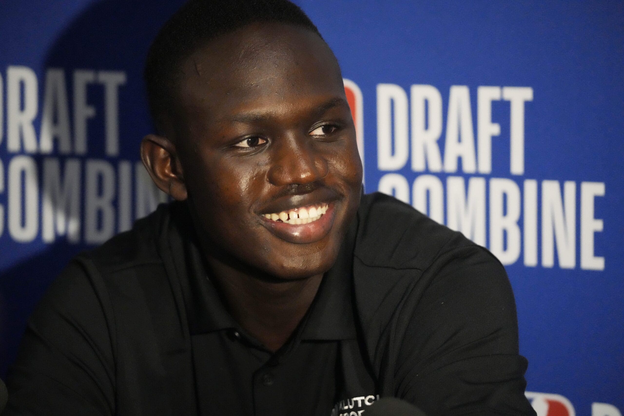 May 14, 2025; Chicago, Il, USA; Khaman Maluach talks to the media during the 2025 NBA Draft Combine at Marriott Marquis Chicago. Mandatory Credit: David Banks-Imagn Images