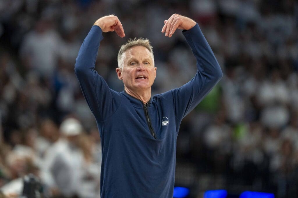 May 14, 2025; Minneapolis, Minnesota, USA; Golden State Warriors head coach Steve Kerr reacts against the Minnesota Timberwolves in the second half during game five of the second round for the 2025 NBA Playoffs at Target Center. Mandatory Credit: Jesse Johnson-Imagn Images