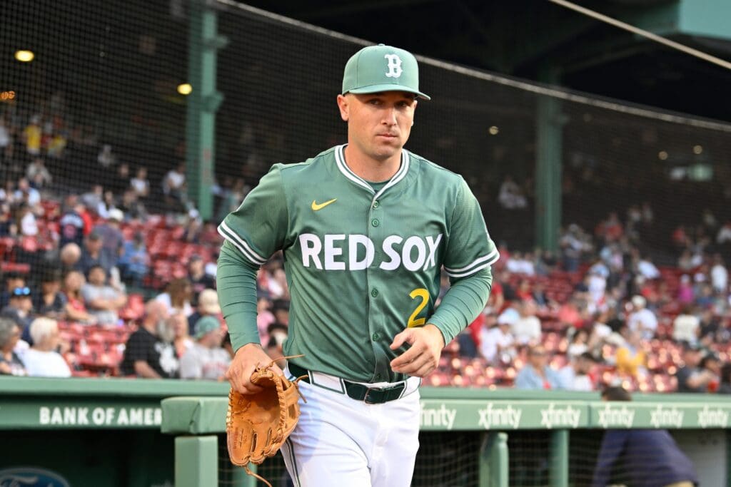 May 16, 2025; Boston, Massachusetts, USA; Boston Red Sox third baseman Alex Bregman (2) runs out of the dugout before the start of a game against the Atlanta Braves at Fenway Park. Mandatory Credit: Eric Canha-Imagn Images