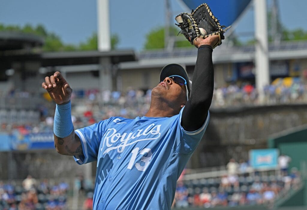 May 18, 2025; Kansas City, Missouri, USA; Kansas City Royals first baseman Salvador Perez (13) catches a pop fly in the ninth inning against the St. Louis Cardinals at Kauffman Stadium. Mandatory Credit: Peter Aiken-Imagn Images