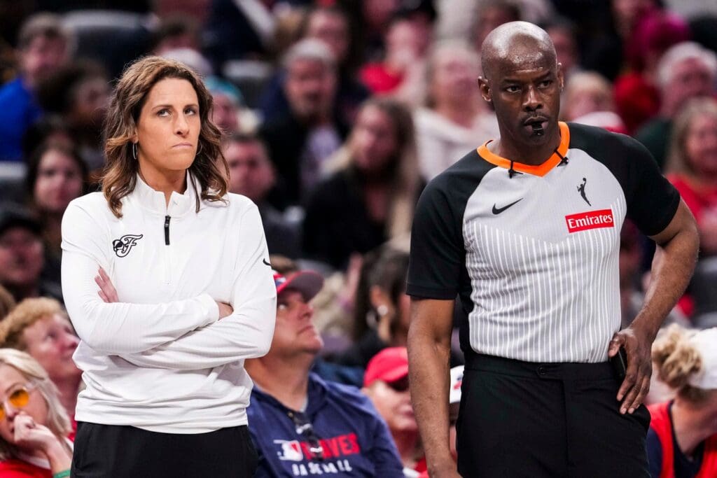 Indiana Fever head coach Stephanie White looks up Tuesday, May 20, 2025, during a game between the Indiana Fever and the Atlanta Dream at Gainbridge Fieldhouse in Indianapolis.