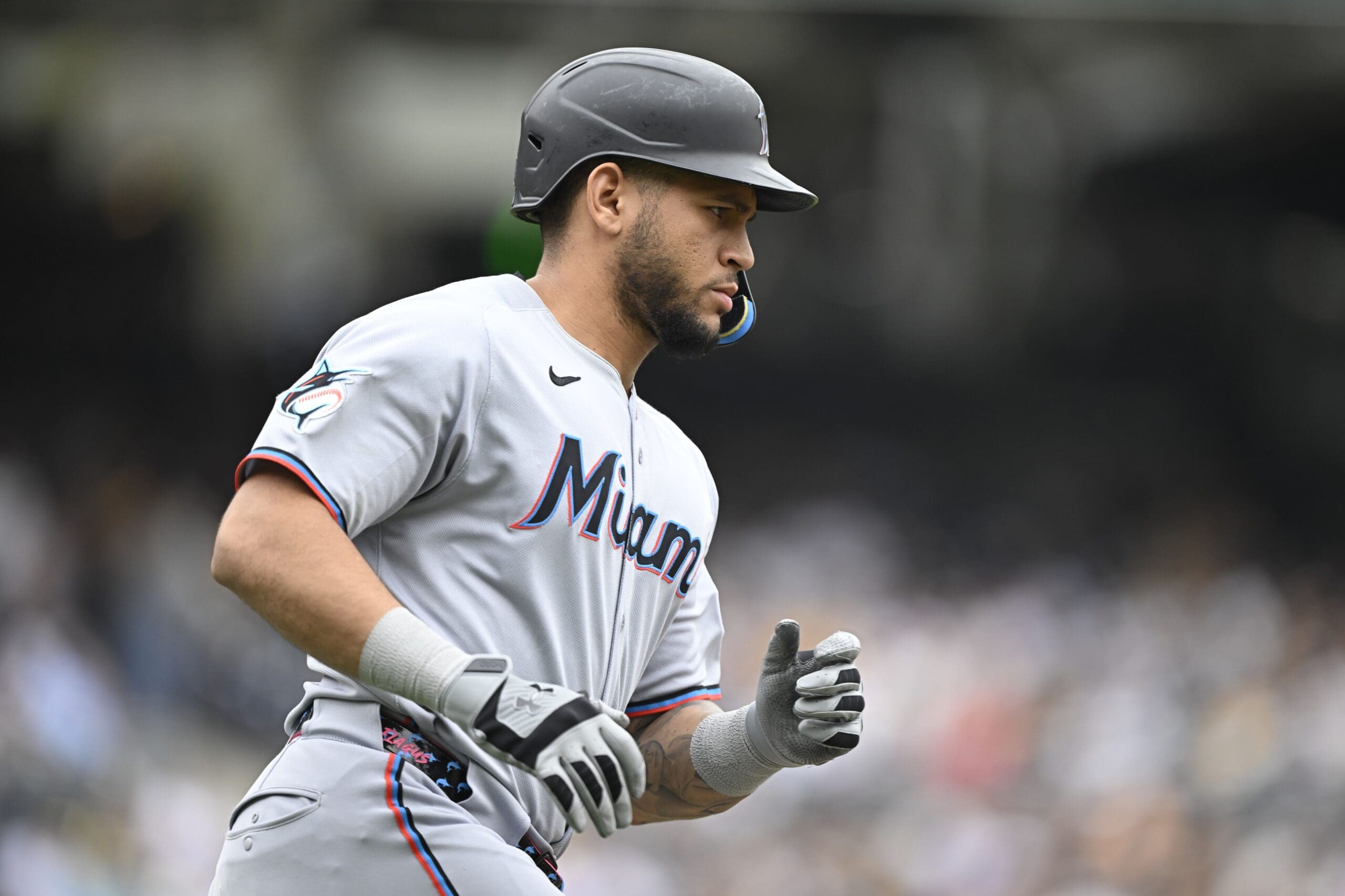 May 28, 2025; San Diego, California, USA; Miami Marlins catcher Agustin Ramirez (50) rounds the bases after hitting a solo home run during the third inning against the San Diego Padres at Petco Park. Mandatory Credit: Denis Poroy-Imagn Images