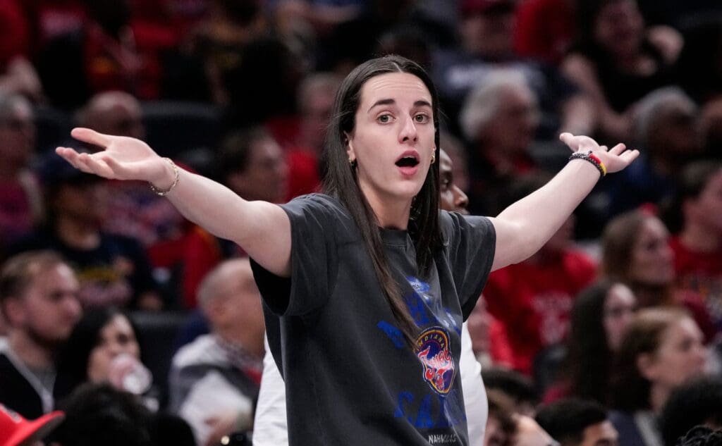 Indiana Fever guard Caitlin Clark (22) reacts to a call from the referee on Friday, May 30, 2025, during the game at Gainbridge Fieldhouse in Indianapolis. The Connecticut Sun defeated the Indiana Fever, 85-83.