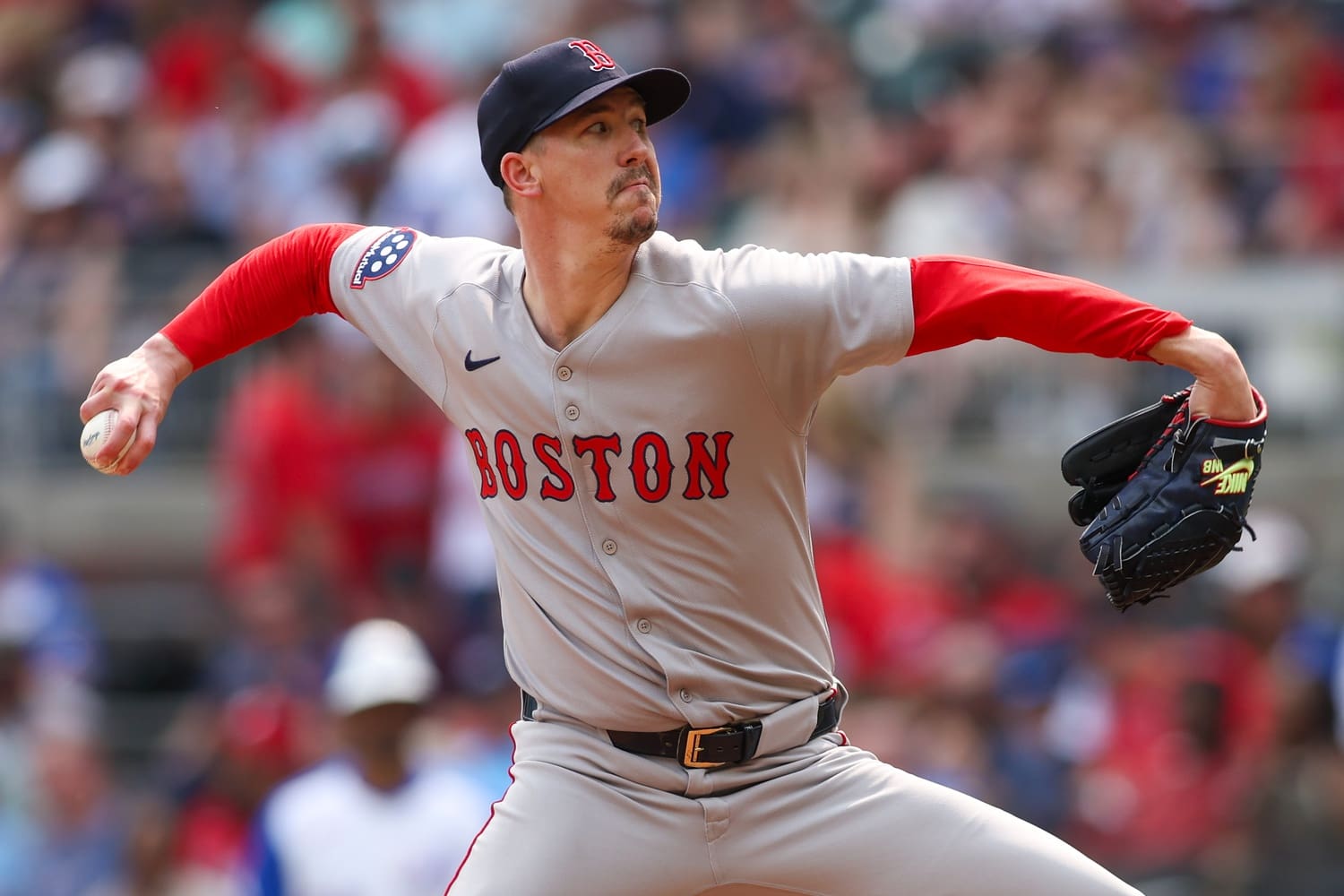 May 31, 2025; Atlanta, Georgia, USA; Boston Red Sox starting pitcher Walker Buehler (0) throws against the Atlanta Braves in the second inning at Truist Park. Mandatory Credit: Brett Davis-Imagn Images