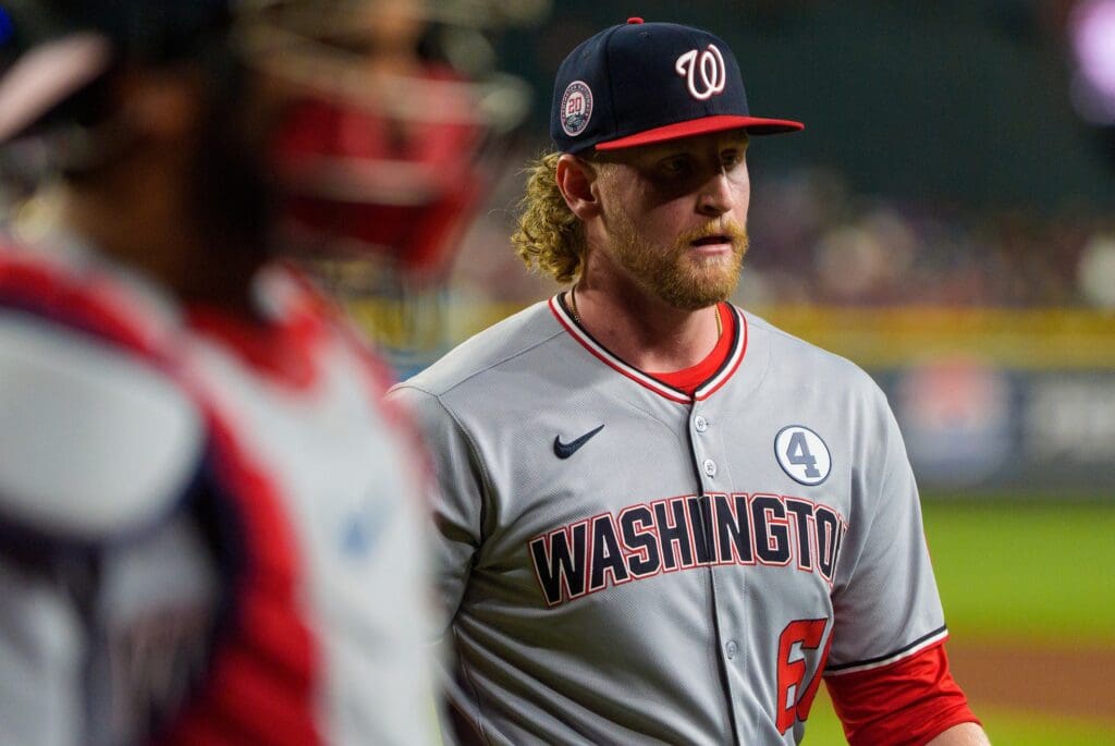Jun 1, 2025; Phoenix, Arizona, USA; Washington Nationals pitcher Zach Brzykcy (66) reacts after pitching in the eighth against the Arizona Diamondbacks at Chase Field. Mandatory Credit: Allan Henry-Imagn Images