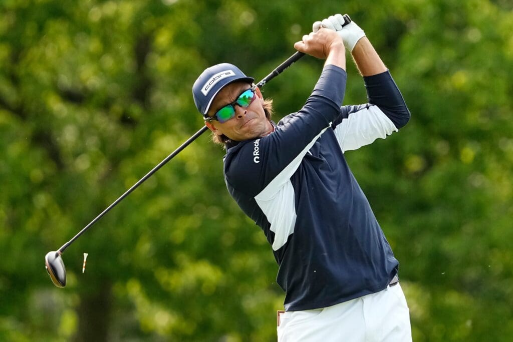 Rickie Fowler tees off on 18 during the third round of the Memorial Tournament at Muirfield Village Golf Club in Dublin on May 31, 2025.