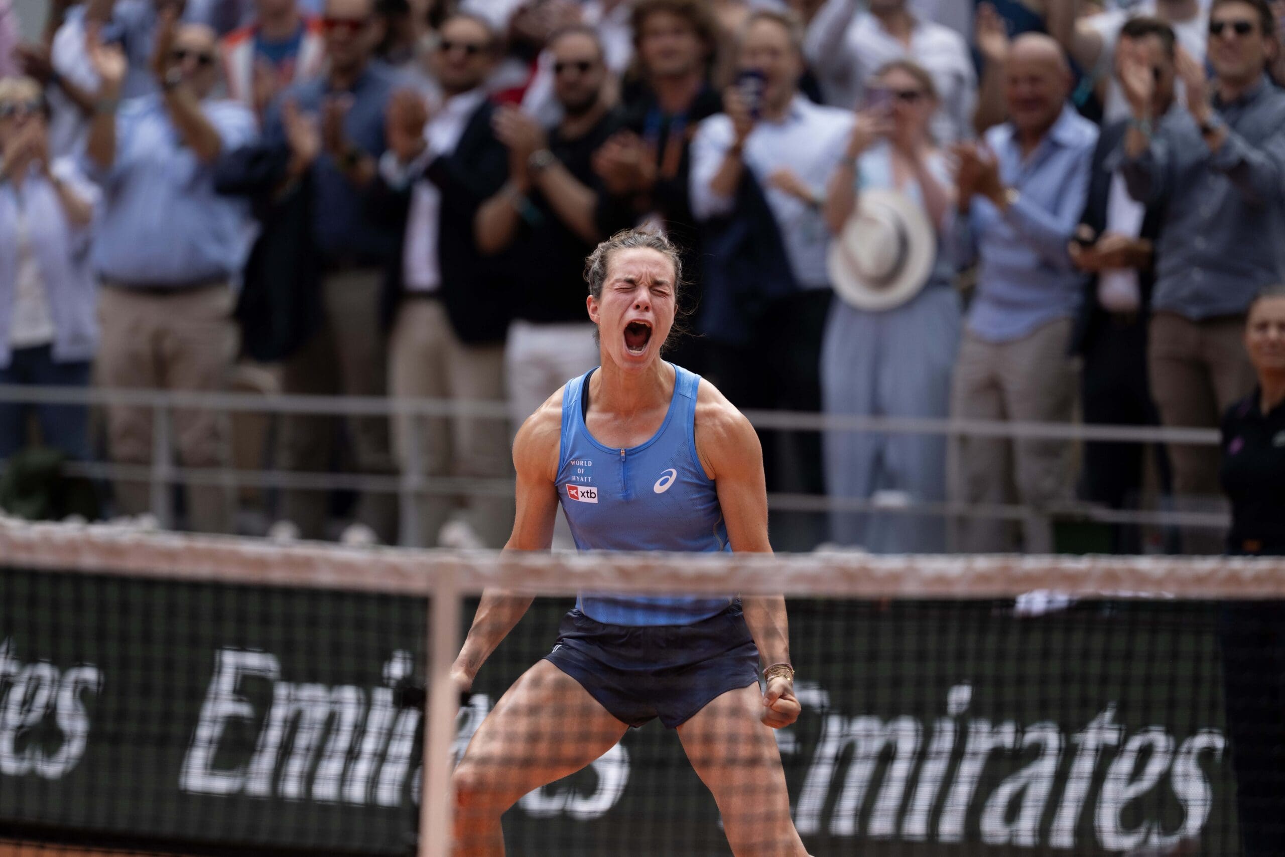 Jun 2, 2025; Paris, FR; Lois Boisson of France celebrates winning her match against Jessica Pegula of the United States on day nine at Roland Garros Stadium. Mandatory Credit: Susan Mullane-Imagn Images