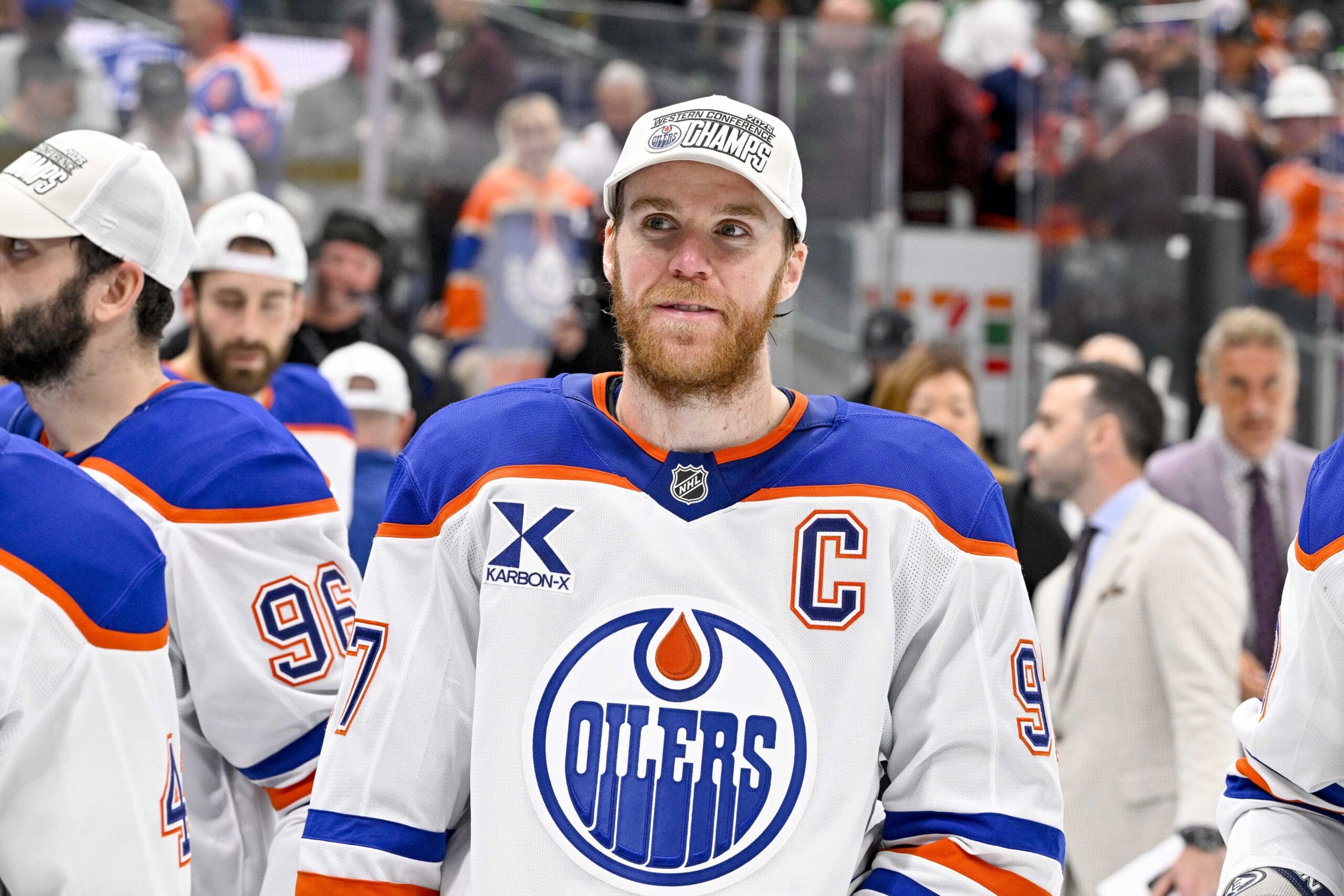 May 29, 2025; Dallas, Texas, USA; Edmonton Oilers center Connor McDavid (97) looks on from the ice after the game between the Dallas Stars and the Edmonton Oilers in game five of the Western Conference Final of the 2025 Stanley Cup Playoffs at American Airlines Center. Mandatory Credit: Jerome Miron-Imagn Images