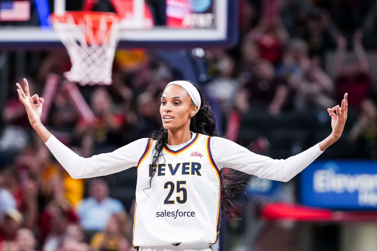 Indiana Fever forward DeWanna Bonner (25) celebrates a 3-pointer Tuesday, June 3, 2025, during a game between the Indiana Fever and the Washington Mystics at Gainbridge Fieldhouse in Indianapolis.