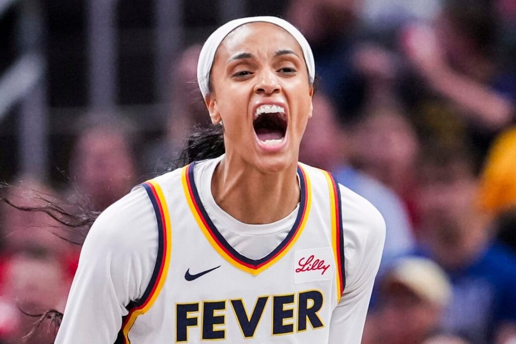 Indiana Fever forward DeWanna Bonner (25) celebrates Tuesday, June 3, 2025, during a game between the Indiana Fever and the Washington Mystics at Gainbridge Fieldhouse in Indianapolis.