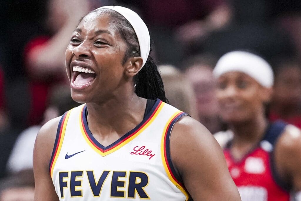 Jun 3, 2025; Indianapolis, Indiana, USA; Indiana Fever guard Aari McDonald (2) celebrates during a game between the Indiana Fever and the Washington Mystics at Gainbridge Fieldhouse in Indianapolis. Mandatory Credit: Grace Smth- INDIANAPOLIS STAR-Imagn Images