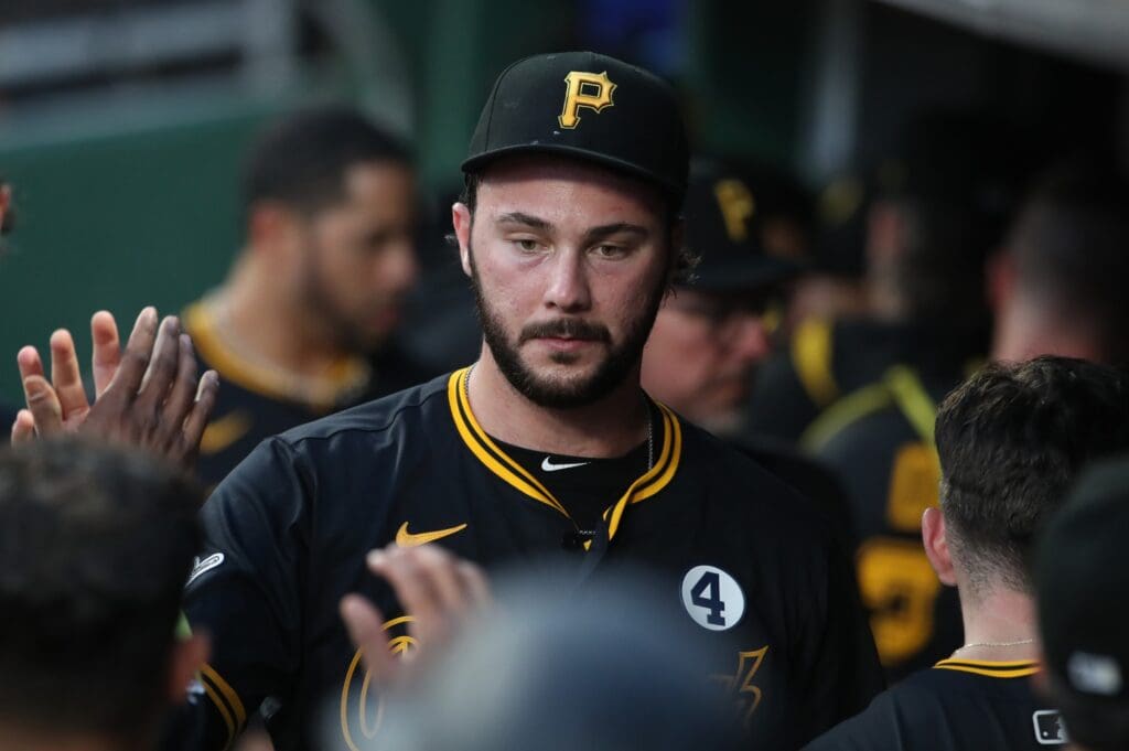 Jun 3, 2025; Pittsburgh, Pennsylvania, USA; Pittsburgh Pirates starting pitcher Paul Skenes (30) high-fives in the dugout after pitching the eighth inning against the Houston Astros at PNC Park. Mandatory Credit: Charles LeClaire-Imagn Images