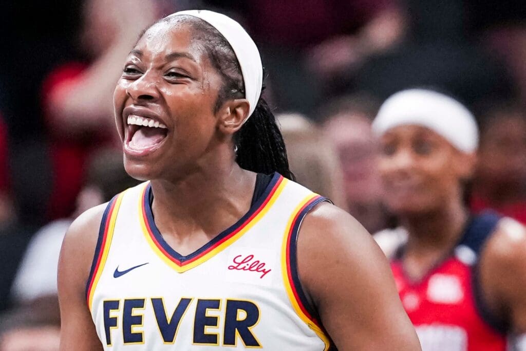 Indiana Fever guard Aari McDonald (2) celebrates Tuesday, June 3, 2025, during a game between the Indiana Fever and the Washington Mystics at Gainbridge Fieldhouse in Indianapolis.