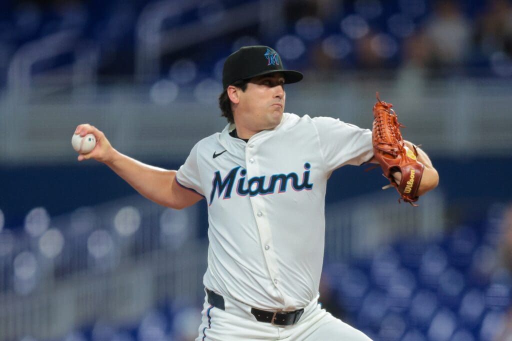 Jun 4, 2025; Miami, Florida, USA; Miami Marlins starting pitcher Cal Quantrill (47) delivers a pitch against the Colorado Rockies during the first inning at loanDepot Park. Mandatory Credit: Sam Navarro-Imagn Images
