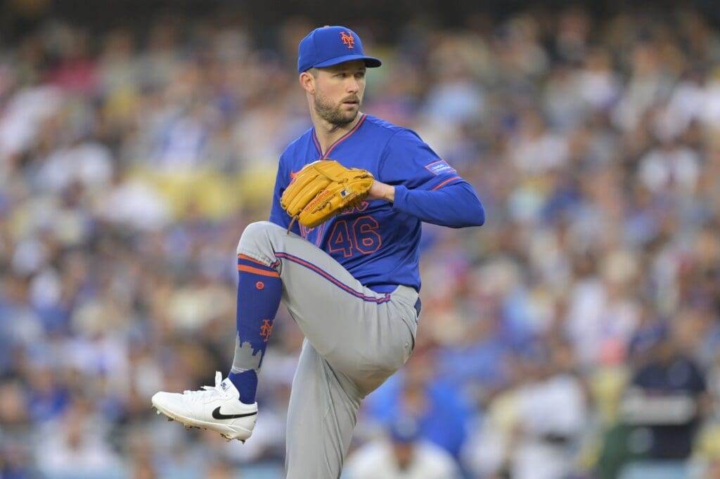 Jun 4, 2025; Los Angeles, California, USA; New York Mets pitcher Griffin Canning (46) delivers a pitch during the first inning against the Los Angeles Dodgers at Dodger Stadium. Mandatory Credit: Jayne Kamin-Oncea-Imagn Images