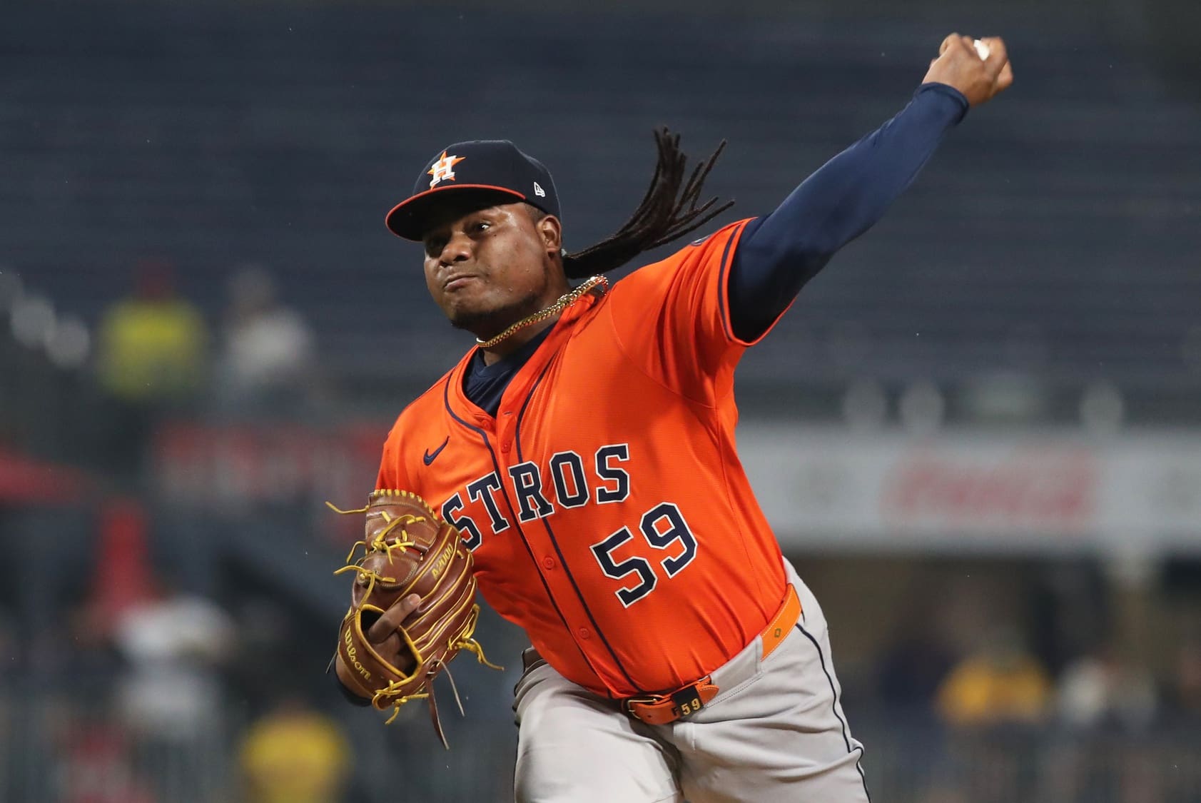 Jun 5, 2025; Pittsburgh, Pennsylvania, USA; Houston Astros starting pitcher Framber Valdez (59) delivers a pitch against the Pittsburgh Pirates during the first inning at PNC Park. Mandatory Credit: Charles LeClaire-Imagn Images