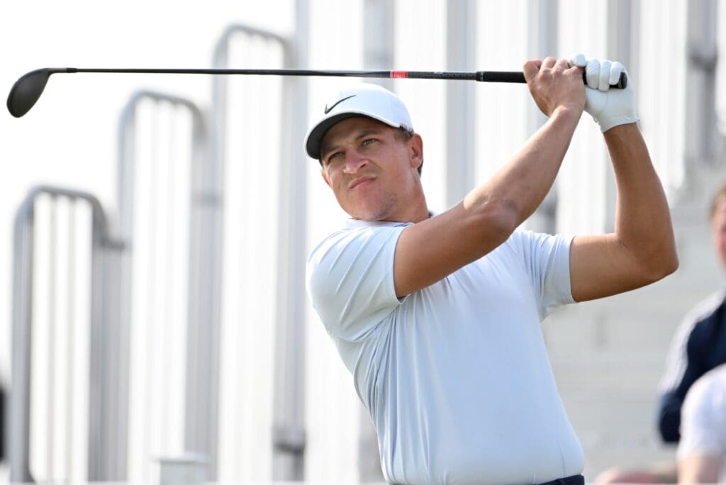 Jun 6, 2025; Caledon, Ontario, CAN; Cameron Champ hits his tee shot at the first hole during the second round of the RBC Canadian Open golf tournament. Mandatory Credit: Dan Hamilton-Imagn Images