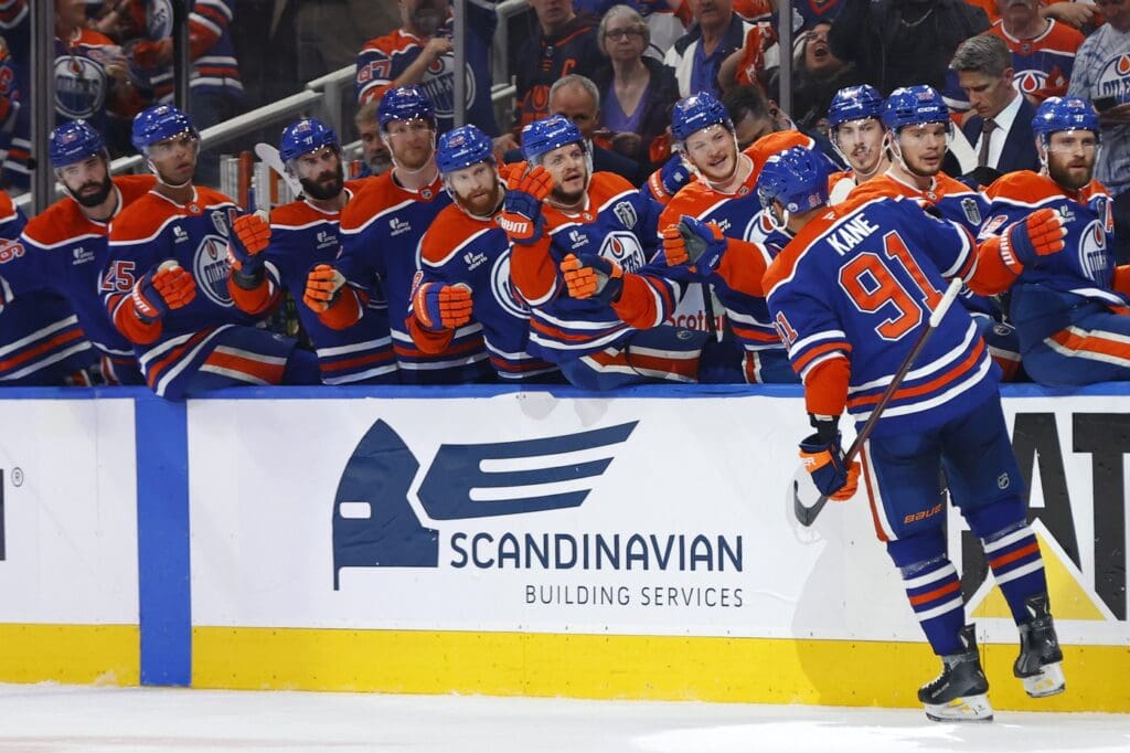 Jun 6, 2025; Edmonton, Alberta, CAN; Edmonton Oilers left wing Evander Kane (91) reacts after scoring a goal against the Florida Panthers during the first period in game two of the 2025 Stanley Cup Final at Rogers Place. Mandatory Credit: Perry Nelson-Imagn Images