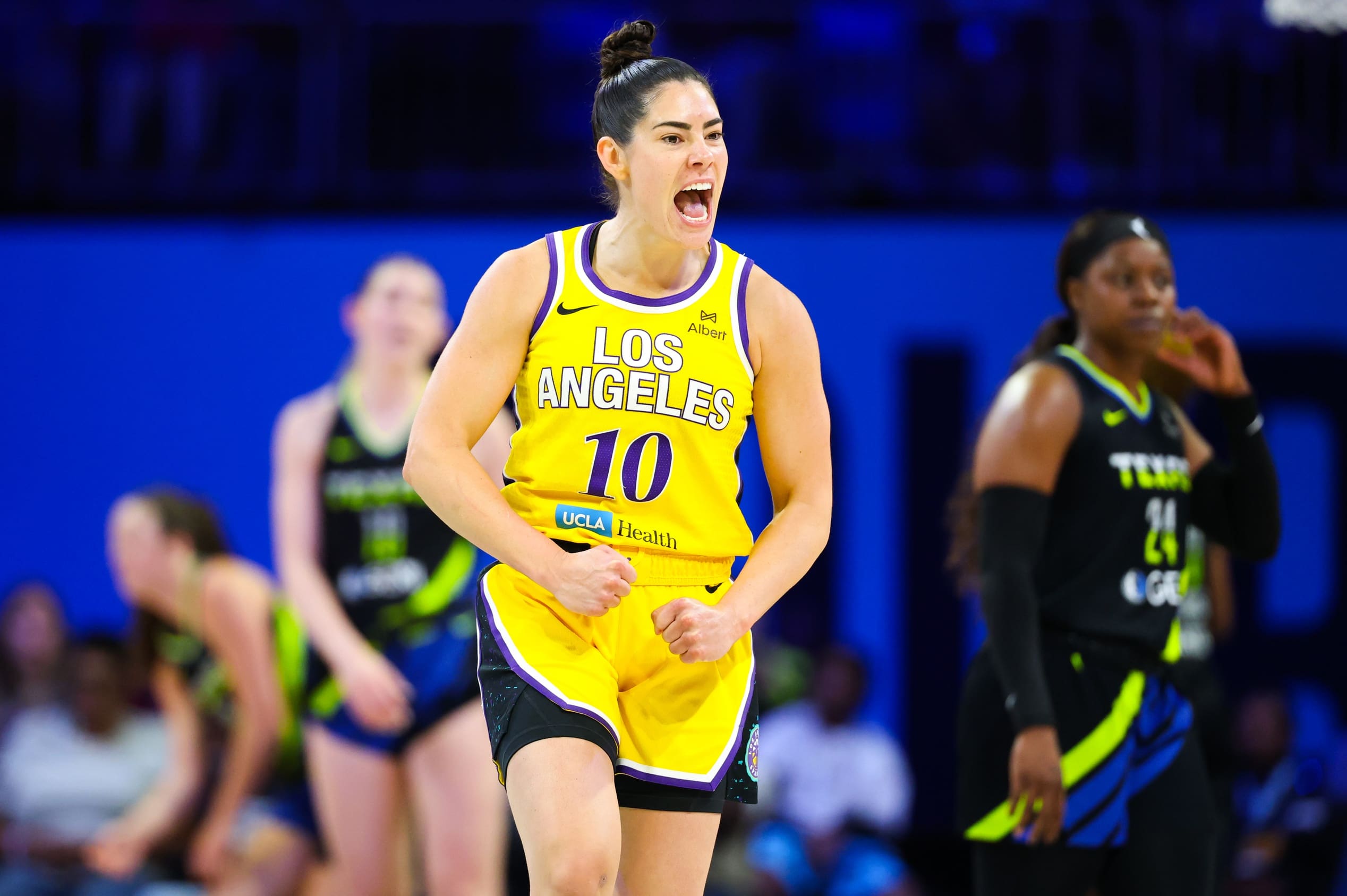 Jun 6, 2025; Arlington, Texas, USA; Los Angeles Sparks guard Kelsey Plum (10) reacts against the Dallas Wings during the second half at College Park Center. Mandatory Credit: Kevin Jairaj-Imagn Images
