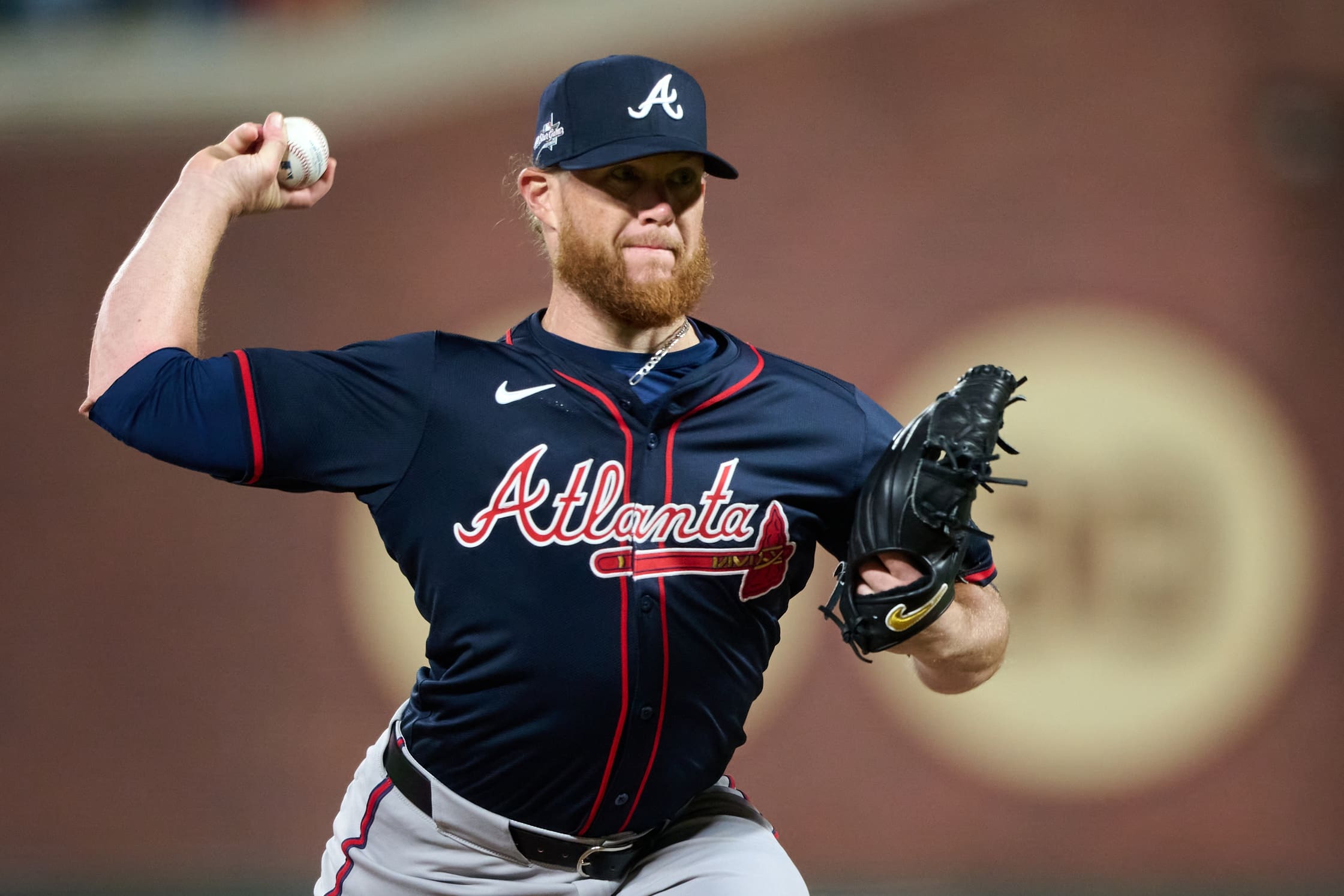 Jun 6, 2025; San Francisco, California, USA; Atlanta Braves pitcher Craig Kimbrel (46) throws a pitch against the San Francisco Giants during the seventh inning at Oracle Park. Mandatory Credit: Robert Edwards-Imagn Images