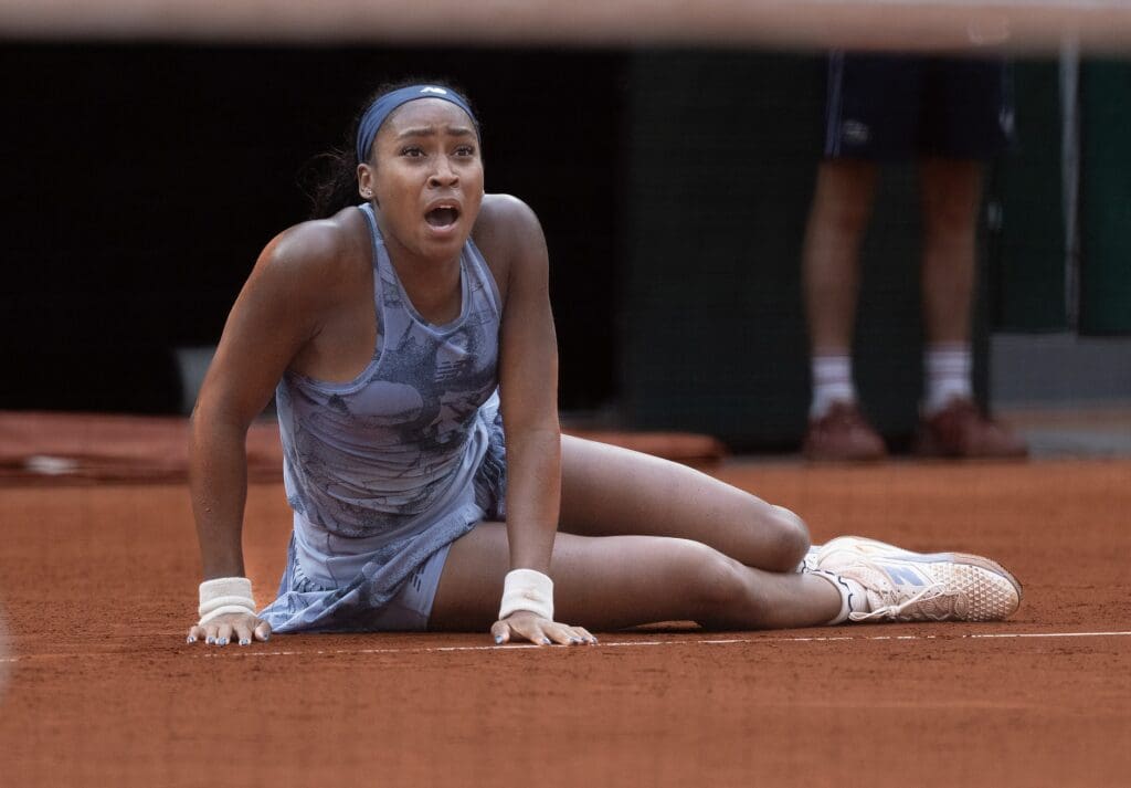 Jun 7, 2025; Paris, FR; Coco Gauff of the United States celebrates winning the womenÕs singles final against Aryna Sabalenka on day 14 at Roland Garros Stadium. Mandatory Credit: Susan Mullane-Imagn Images