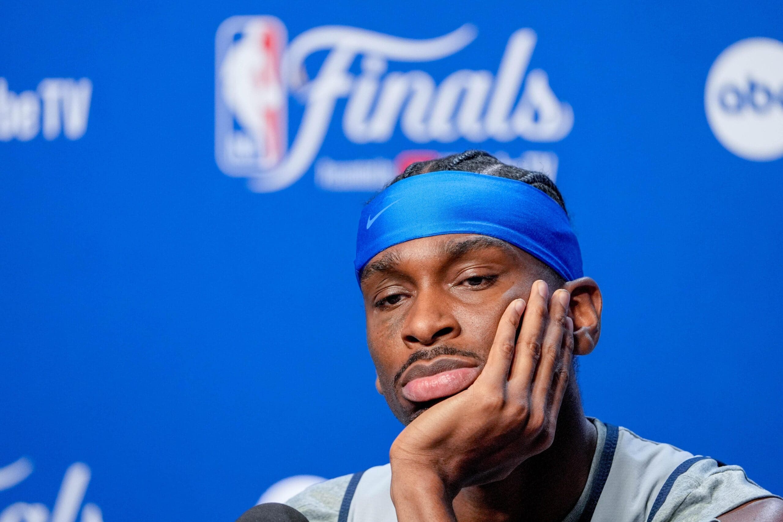Oklahoma City guard Shai Gilgeous-Alexander (2) speaks at a press conference during an NBA Finals practice session ahead of Game 2 at Paycom Center Oklahoma City, on Saturday, June 7, 2025.