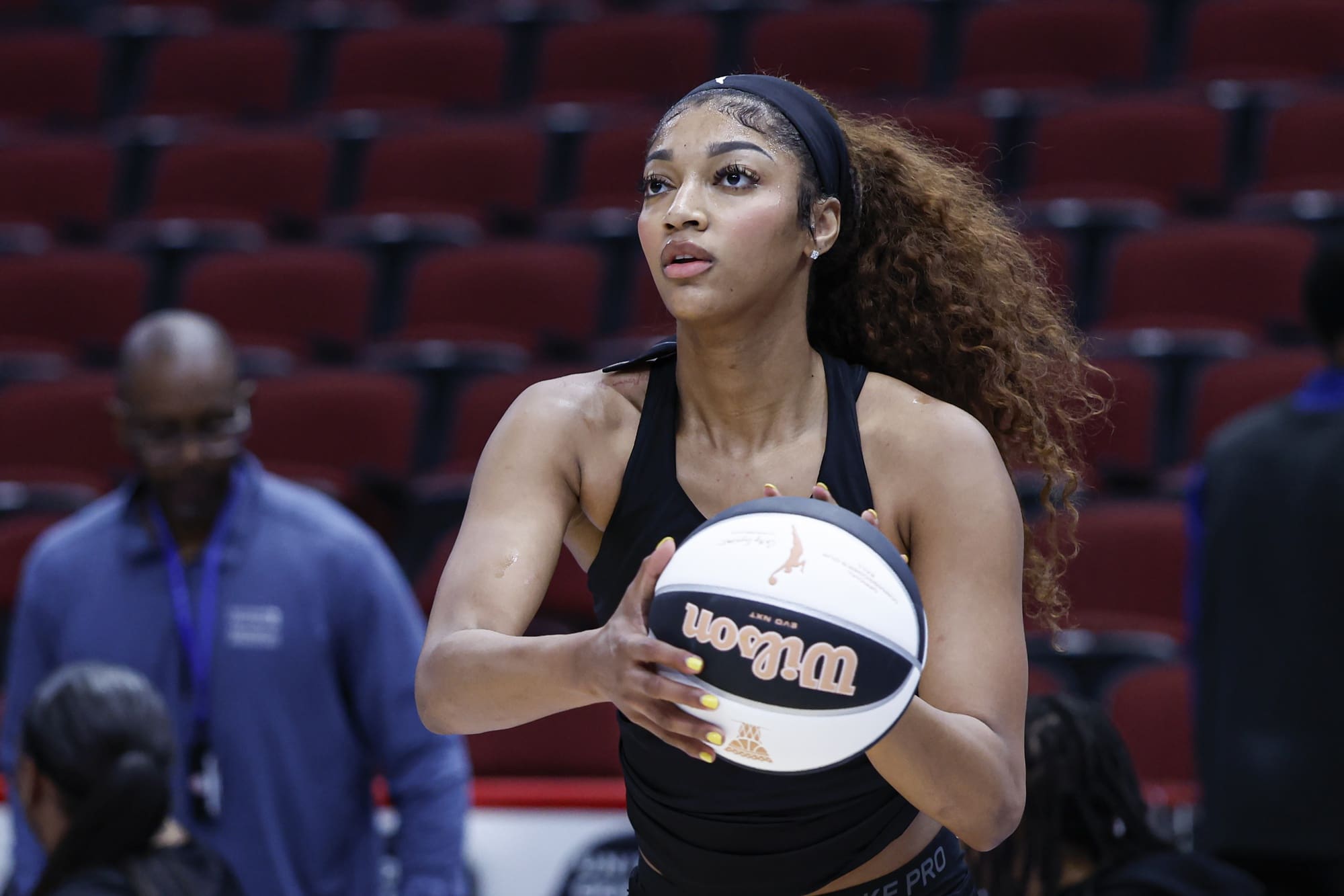 Jun 7, 2025; Chicago, Illinois, USA; Chicago Sky forward Angel Reese (5) warms up before a WNBA game against the Indiana Fever at United Center. Mandatory Credit: Kamil Krzaczynski-Imagn Images