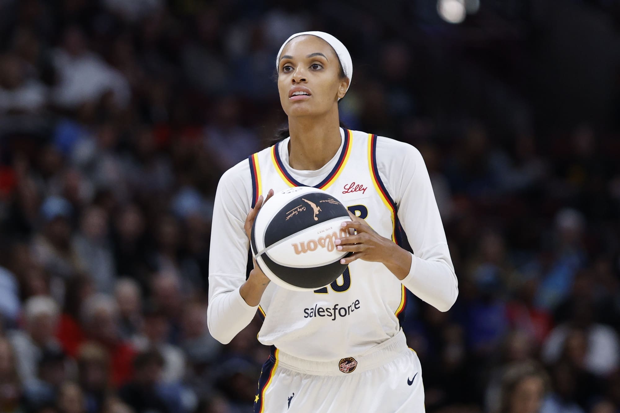 Jun 7, 2025; Chicago, Illinois, USA; Indiana Fever forward DeWanna Bonner (25) shoots against the Chicago Sky during the first half of a WNBA game at United Center. Mandatory Credit: Kamil Krzaczynski-Imagn Images