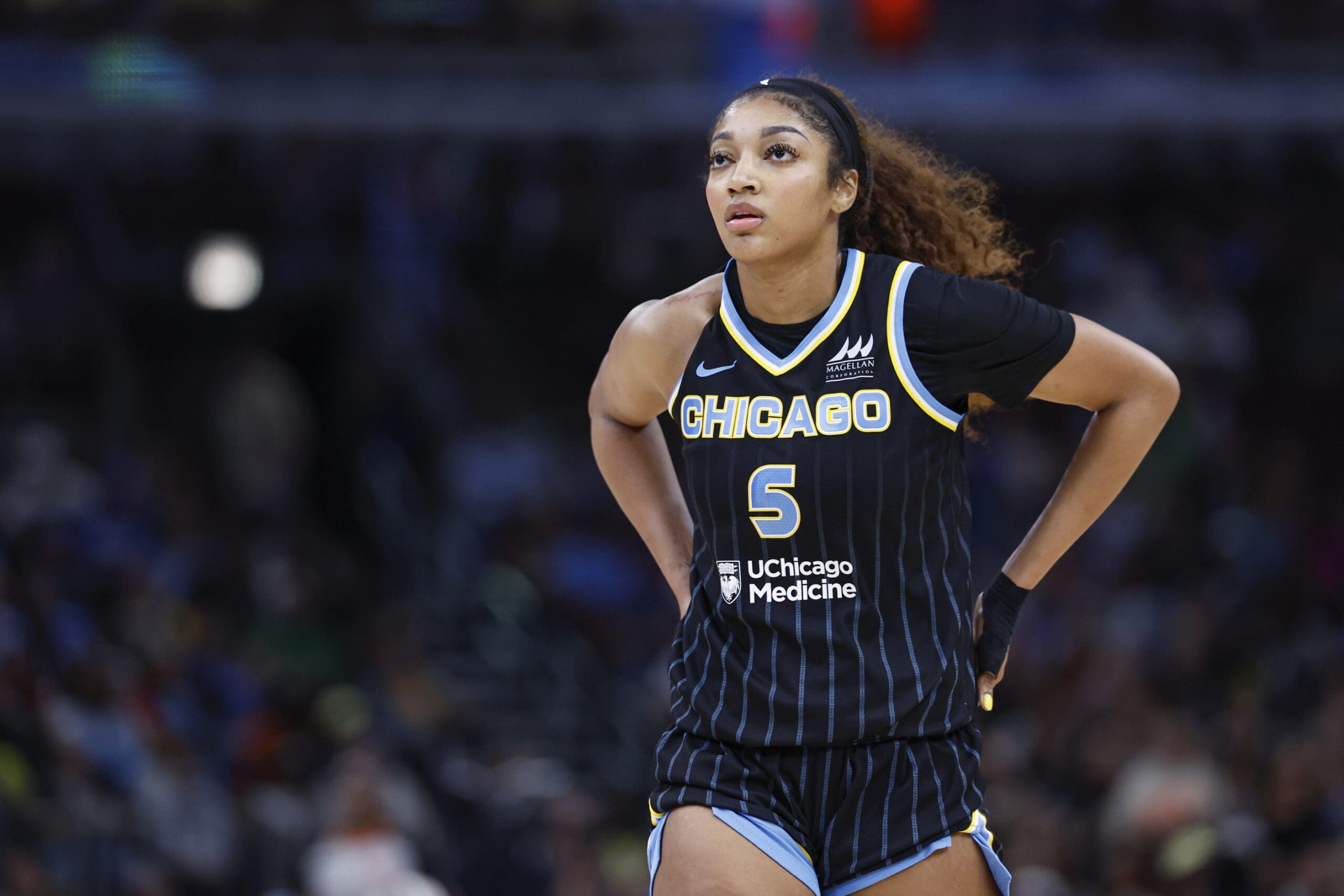 Jun 7, 2025; Chicago, Illinois, USA; Chicago Sky forward Angel Reese (5) walks on the court during the second half of a WNBA game against the Indiana Fever at United Center. Mandatory Credit: Kamil Krzaczynski-Imagn Images