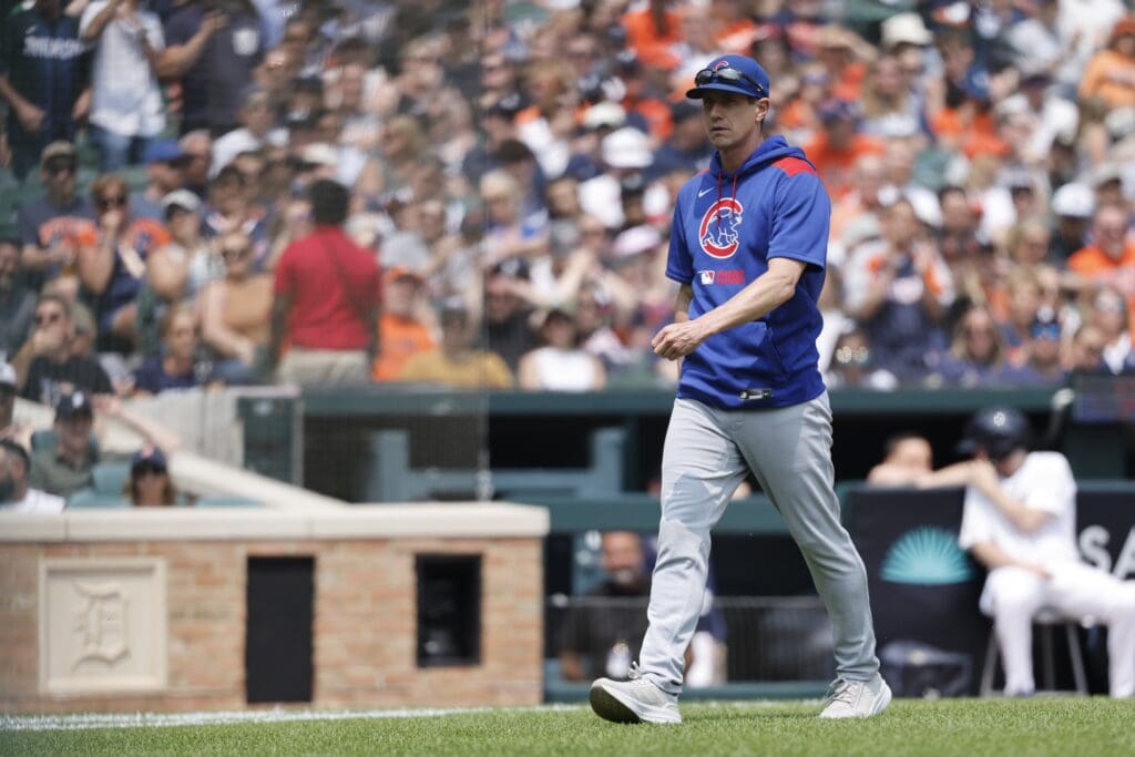 Jun 8, 2025; Detroit, Michigan, USA; Chicago Cubs manager Craig Counsell (11) walks off the field after he is ejected in the fifth inning against the Detroit Tigers at Comerica Park. Mandatory Credit: Rick Osentoski-Imagn Images