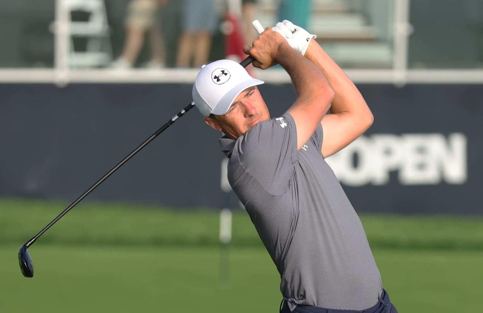 Jun 9, 2025; Oakmont, Pennsylvania, USA; Jordan Spieth hits his tee shot on the tenth hole during a practice round for the U.S. Open golf tournament at Oakmont Country Club. Mandatory Credit: Charles LeClaire-Imagn Images