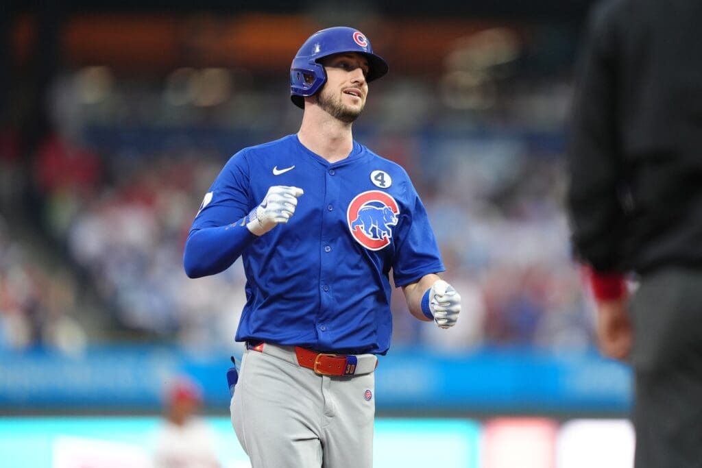 Jun 9, 2025; Philadelphia, Pennsylvania, USA; Chicago Cubs outfielder Kyle Tucker (30) reacts after hitting a home run against the Philadelphia Phillies in the first inning at Citizens Bank Park. Mandatory Credit: Kyle Ross-Imagn Images