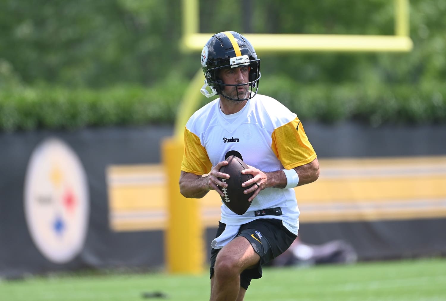 Jun 10, 2025; Pittsburgh, PA, USA; Pittsburgh Steelers quarterback Aaron Rodgers (8) drops back to pass during minicamp at their South Side facility. Mandatory Credit: Philip G. Pavely-Imagn Images