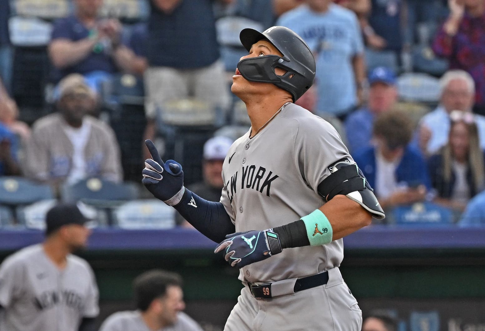 Jun 10, 2025; Kansas City, Missouri, USA; New York Yankees designated hitter Aaron Judge (99) reacts after hitting a two-run home run in the first inning against the Kansas City Royals at Kauffman Stadium. Mandatory Credit: Peter Aiken-Imagn Images