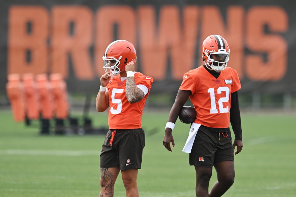 Jun 12, 2025; Berea, OH, USA; Cleveland Browns quarterback Dillon Gabriel (5) and quarterback Shedeur Sanders (12) during mini camp at CrossCountry Mortgage Campus. Mandatory Credit: Ken Blaze-Imagn Images
