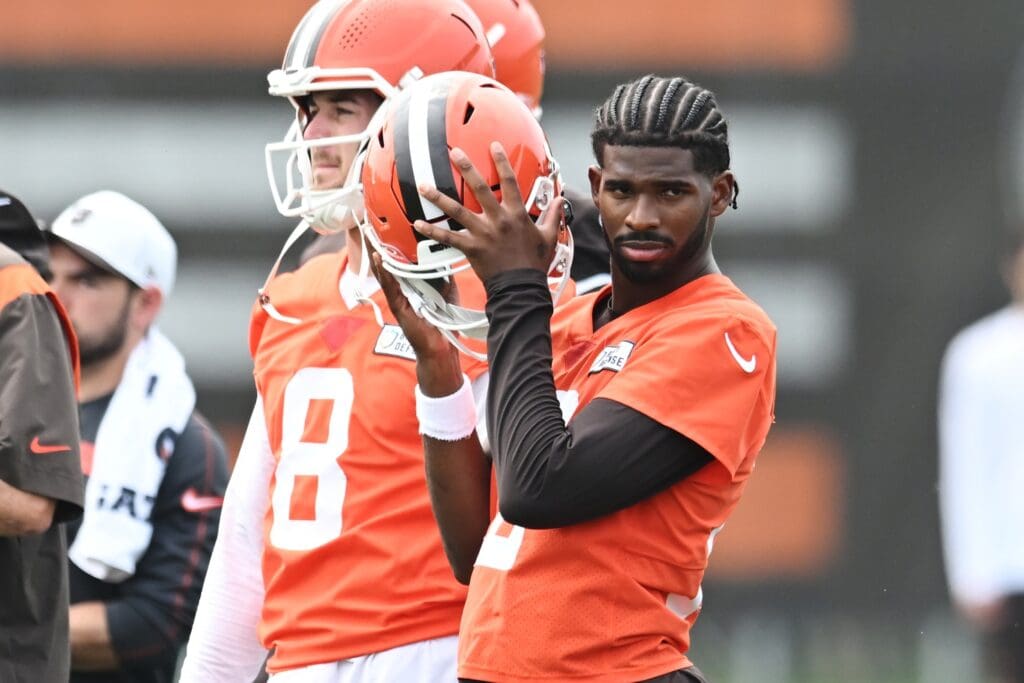 Jun 12, 2025; Berea, OH, USA; Cleveland Browns quarterback Shedeur Sanders (12) listens to a play call during mini camp at CrossCountry Mortgage Campus. Mandatory Credit: Ken Blaze-Imagn Images