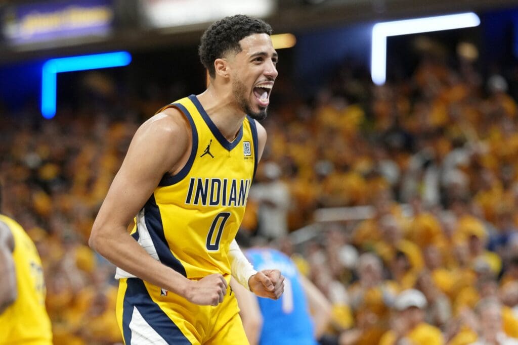 Jun 13, 2025; Indianapolis, Indiana, USA; Indiana Pacers guard Tyrese Haliburton (0) reacts after a play against the Oklahoma City Thunder during the second half during game four of the 2025 NBA Finals at Gainbridge Fieldhouse. Mandatory Credit: Kyle Terada-Imagn Images