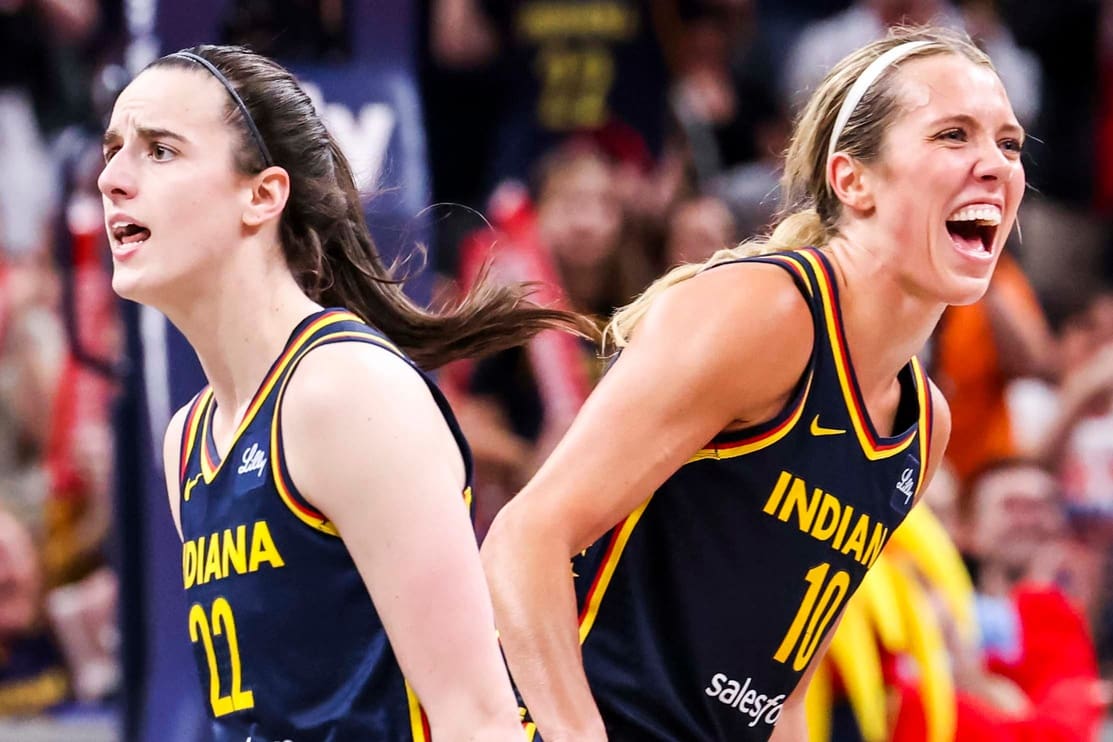 Indiana Fever guard Caitlin Clark (22) and Indiana Fever guard Lexie Hull (10) celebrate Saturday, June 14, 2025, during a game between the Indiana Fever and the New York Liberty at Gainbridge Fieldhouse in Indianapolis. The Indiana Fever defeated the New York Liberty, 102-88.