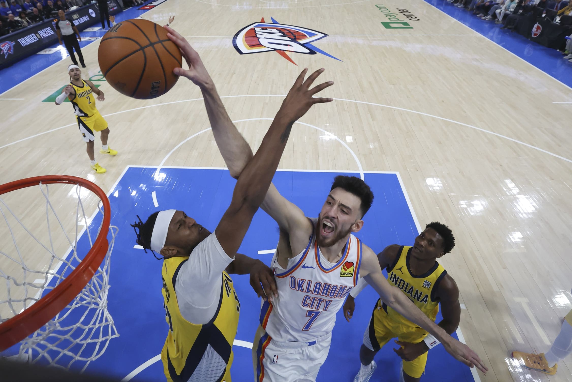 Jun 16, 2025; Oklahoma City, Oklahoma, USA; Oklahoma City Thunder forward Chet Holmgren (7) shoots against Indiana Pacers center Myles Turner (33) during game five of the 2025 NBA Finals at Paycom Center. Mandatory Credit: Matthew Stockman/Pool Photo via Imagn Images