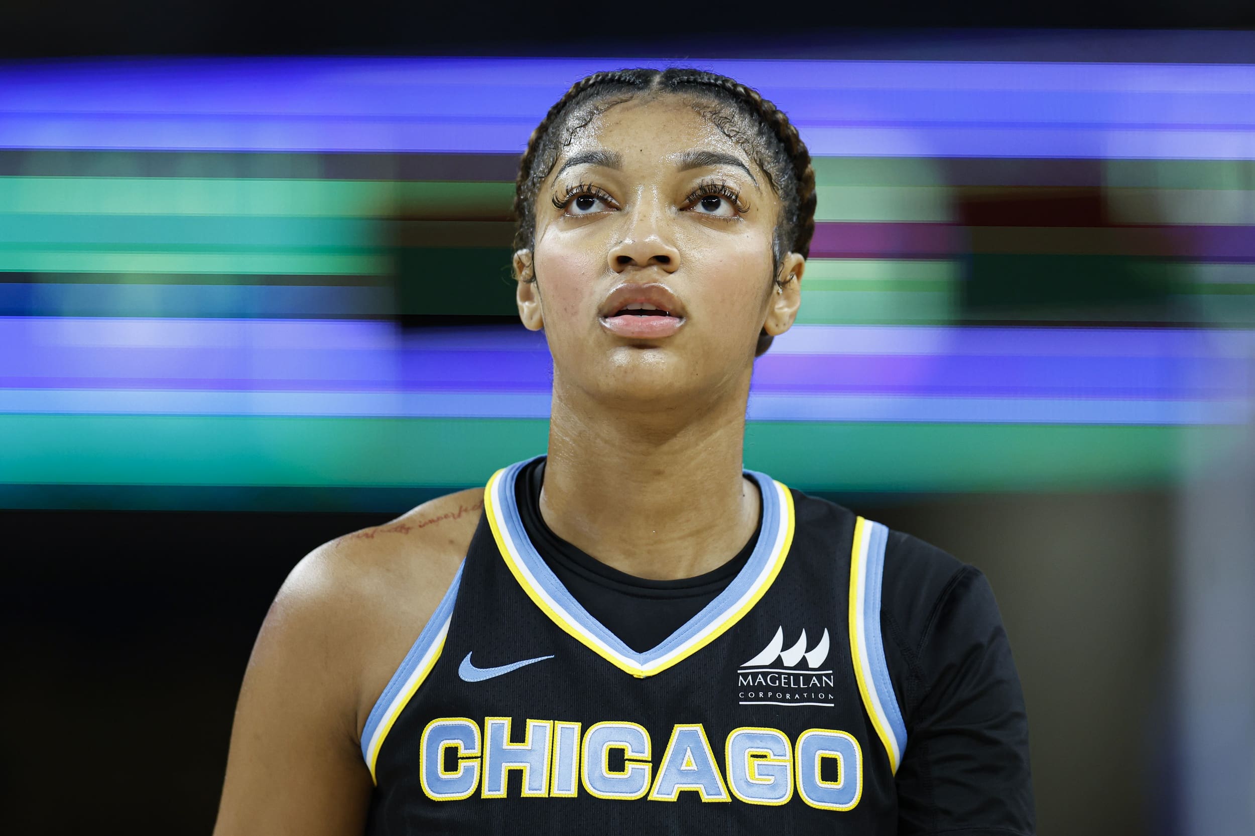 Jun 17, 2025; Chicago, Illinois, USA; Chicago Sky forward Angel Reese (5) walks on the court during the first half of a WNBA game against the Washington Mystics at Wintrust Arena. Mandatory Credit: Kamil Krzaczynski-Imagn Images