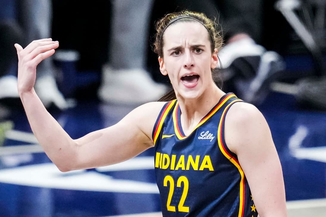 Indiana Fever guard Caitlin Clark (22) celebrates after scoring a 3-pointer Tuesday, June 17, 2025, during a game between the Indiana Fever and the Connecticut Sun at Gainbridge Fieldhouse in Indianapolis. The Indiana Fever defeated the Connecticut Sun, 88-71.