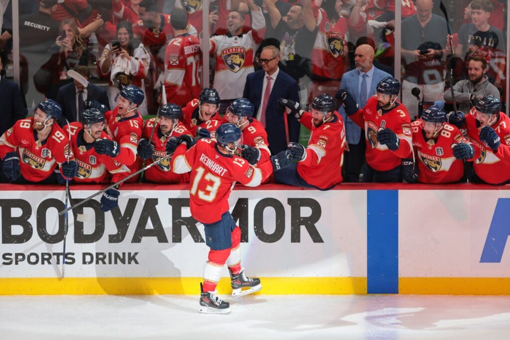 Jun 17, 2025; Sunrise, Florida, USA; Florida Panthers center Sam Reinhart (13) celebrates after his fourth goal of game six of the 2025 Stanley Cup Final against the Edmonton Oilers during the third period at Amerant Bank Arena. Mandatory Credit: Sam Navarro-Imagn Images