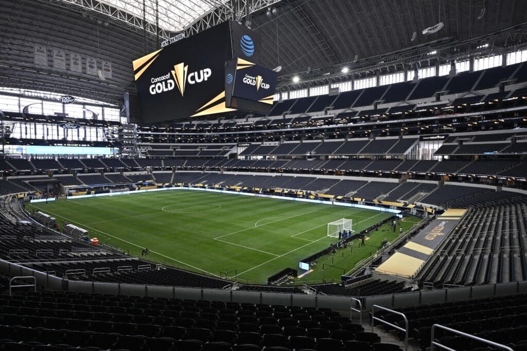 Jun 18, 2025; Arlington, Texas, USA; General view of the pitch prior to the match between Costa Rica and Dominican Republic during a group stage match of the 2025 Gold Cup at AT&T Stadium. Mandatory Credit: Jerome Miron-Imagn Images