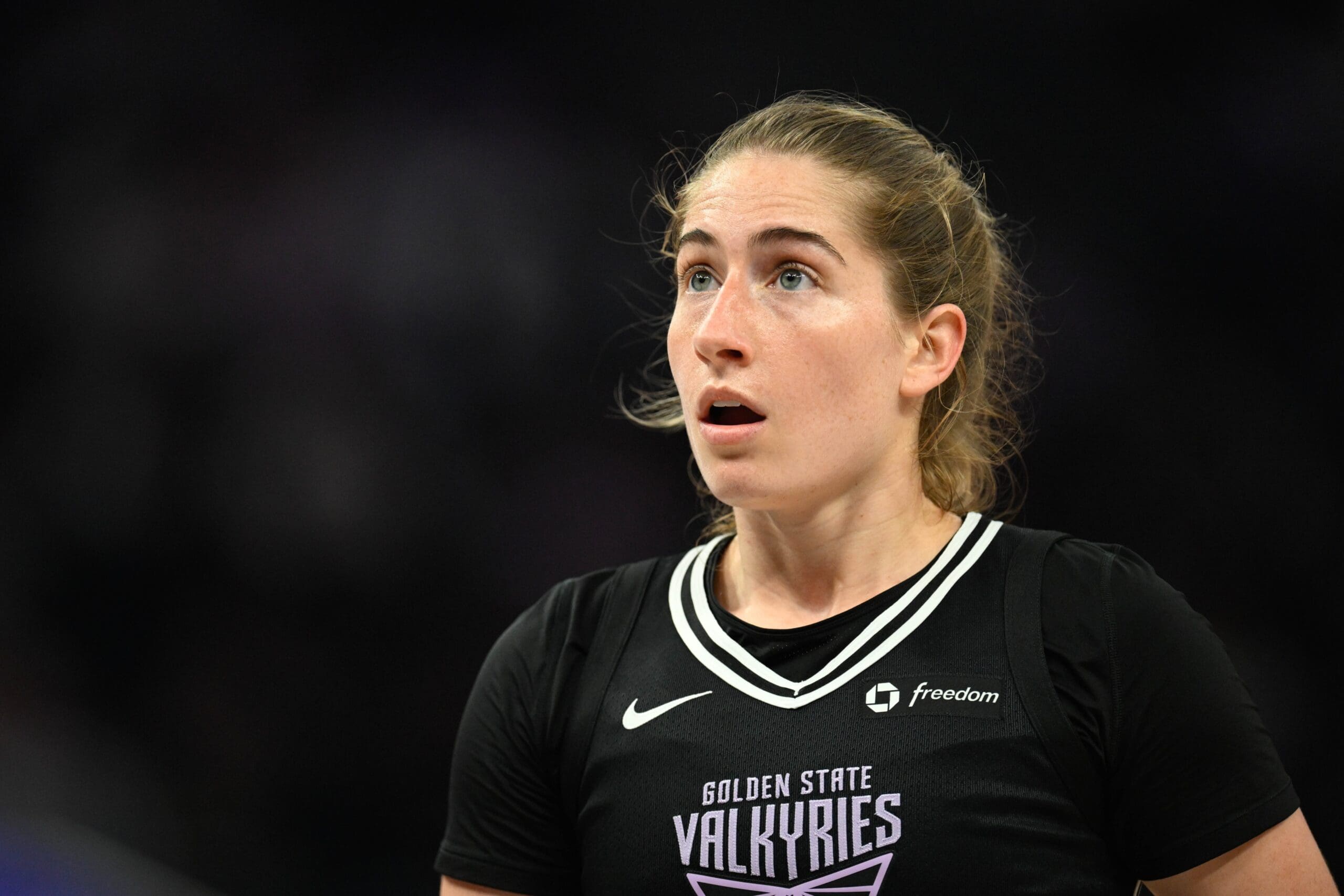 Jun 14, 2025; San Francisco, California, USA; Golden State Valkyries guard Kate Martin (20) looks on against the Seattle Storm in the second quarter at Chase Center. Mandatory Credit: Eakin Howard-Imagn Images