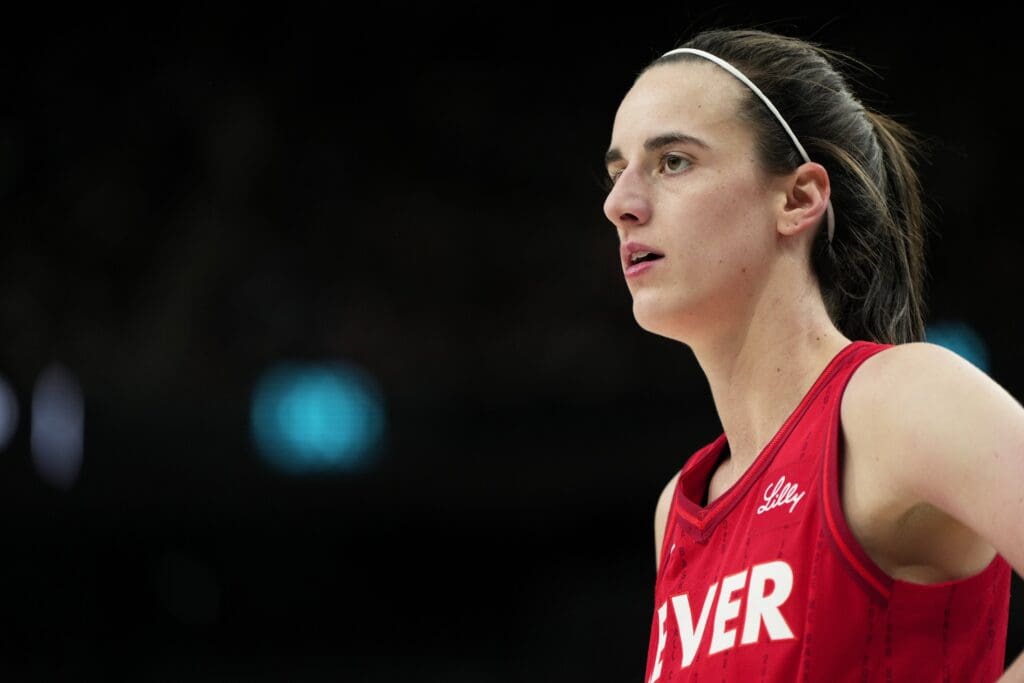 Jun 22, 2025; Las Vegas, Nevada, USA; Indiana Fever guard Caitlin Clark (22) during the second half of a WNBA basketball game against the Las Vegas Aces at T-Mobile Arena. Mandatory Credit: Lucas Peltier-Imagn Images