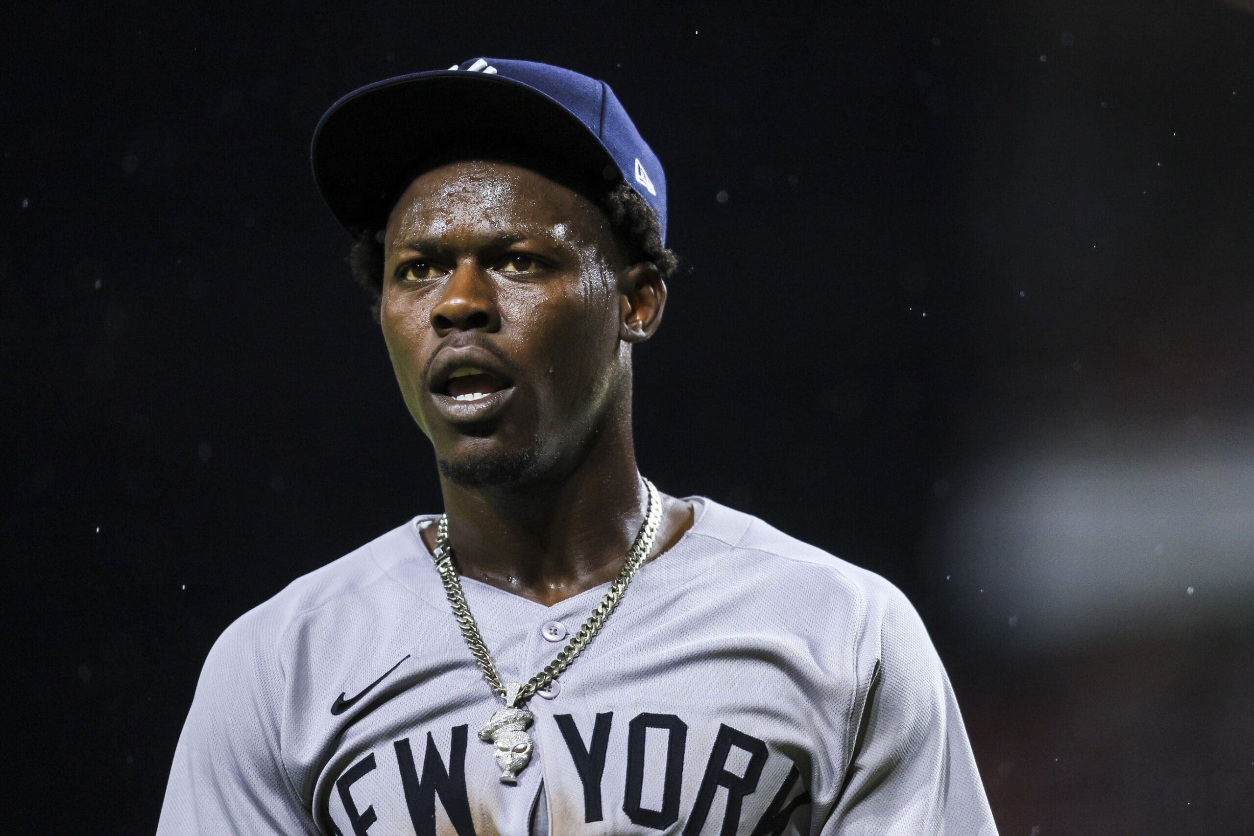 Jun 24, 2025; Cincinnati, Ohio, USA; New York Yankees third baseman Jazz Chisholm Jr. (13) walks off the field after being ejected by umpire Mark Wegner (not pictured) in the ninth inning in the game against the Cincinnati Reds at Great American Ball Park. Mandatory Credit: Katie Stratman-Imagn Images