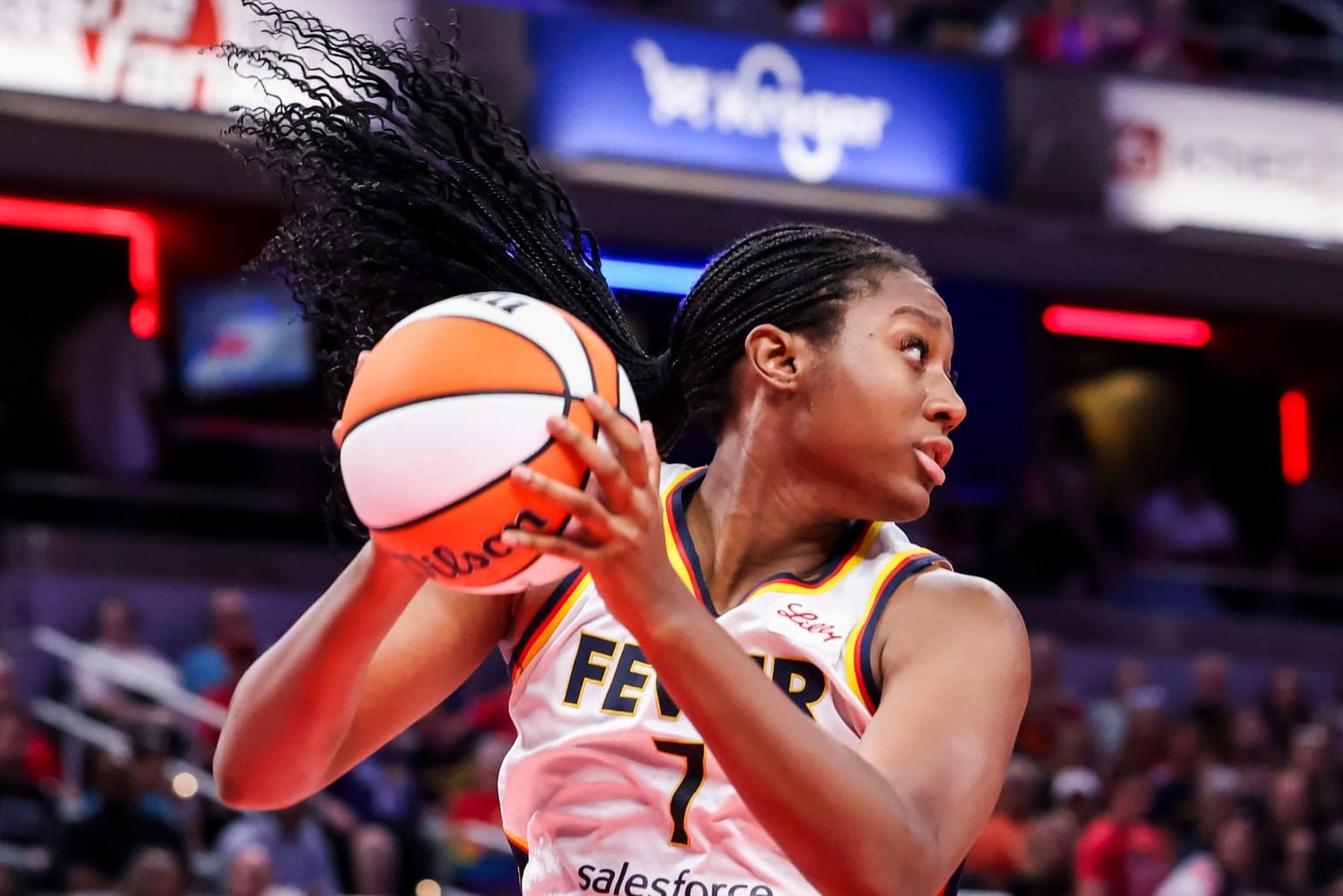 Indiana Fever forward Aliyah Boston (7) rebounds the ball Thursday, June 26, 2025, during a game between the Indiana Fever and the Los Angeles Sparks at Gainbridge Fieldhouse in Indianapolis.