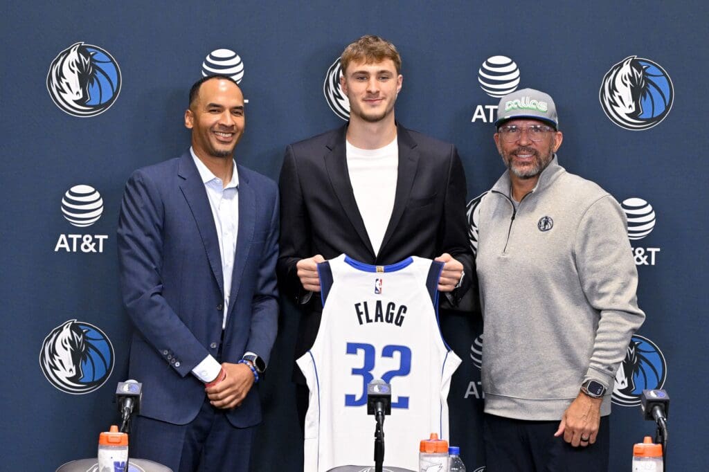Jun 27, 2025; Dallas, TX, USA; (from left) Dallas Mavericks general manager Nico Harrison and Mavericks first overall pick Cooper Flagg and head coach Jason Kidd pose for a photo at the Dallas Mavericks Practice Facility. Mandatory Credit: Jerome Miron-Imagn Images